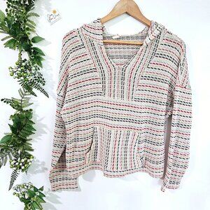 Lazy Sundays Striped Knit Baja Hoodie Multi-Color V-Neck Pullover Sweater L